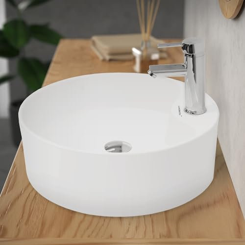 LuxeBath Waschbecken Keramik, rund Ø 460 x 155 mm, Weiß, Aufsatzbecken mit Hahnloch und Überlauf, Aufsatzwaschbecken für Badezimmer/Gäste-WC, Design Waschtisch Waschschale Waschplatz Handwaschbecken