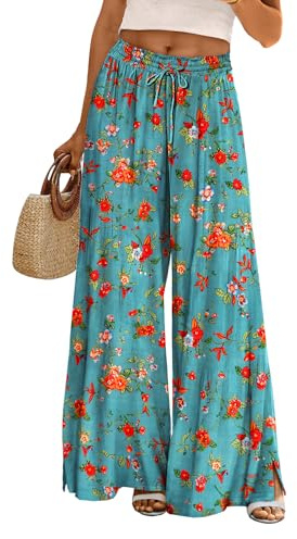 YESNO Wide Leg Trousers for Women Elastic High Waist Floral Casual Cotton Trousers Summer Boho Palazzo Lounge Pants L PP0UK CR014