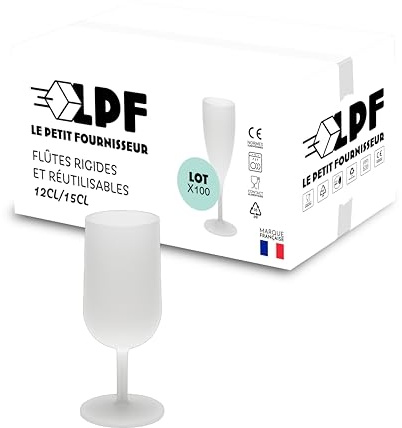 LPF LE PETIT FOURNISSEUR - Lot de 100 Verres à Vin réutilisables 12cl (18cl max) - Polypropylène plastique alimentaire rigide - Verre à pied à eau et vin - Compatible lave-vaisselle - Couleur givrée