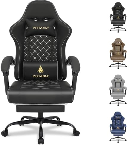 Vittanly Gaming Stuhl mit Frühling Kissen, Ergonomischer Gaming Chair Gamer Stuhl mit Kopfstütze, Lendenkissen und Fußstütze, Höhenverstellbarer Drehbarer Gaming Sessel Bürostuhl 150 kg, Schwarz