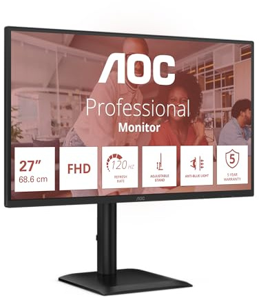 AOC 27E4U 27 Zoll FHD USB Hub Monitor, 120Hz, IPS Panel, 4ms GtG, HDR Mode, Höhenverstellung,Lautsprecher,(1920x1080 HDMI 1x 1.4) Schwarz