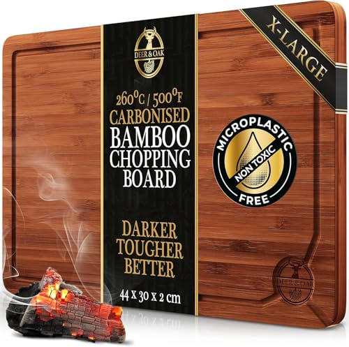 Deer & Oak X-Large Carbonised Cutting Board 44x30x2cm, Pre-Oiled Wooden Bamboo Chopping Board for Carving Meat, Fish, Vegetables, Fruits, Cheese, Bread