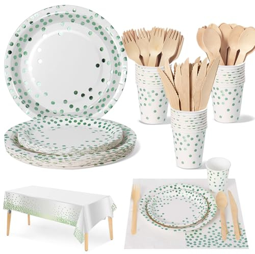 Nkaiso Anniversaire Vaisselle de fete 141 PCS Vert Party Assiettes en Papier Set Assiette Dîner Papier Tasse Serviette Nappe Couteau Fourchette Cuillère -20 invités