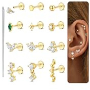 ORAZIO 18G Hypoallergenic Flat Back Earrings Stud Earrings - 316L Surgical Steel Internal Thread Stud Piercing Jewelry for Tragus/Helix/Conch/Medusa/Lip/Labret - Helix Tragus Cartilage Earrings for Women A
