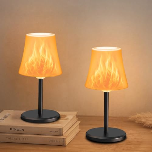 Ainostone LED Tischlampe Kabellos Flackernd 2 Stück Akku Tischleuchte Touch mit Flammeneffekt 2 Modi Stufenlos Dimmbar USB-C Aufladbar IP54 Wasserdicht für Schlafzimmer Esszimmer Outdoor Bar Balkon