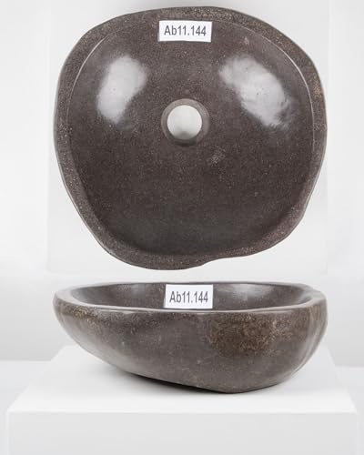 Lavabo en pierre naturelle - 35 cm - Pierre de rivière - Gris - Ovale - Extérieur poli WOHNFREUDEN
