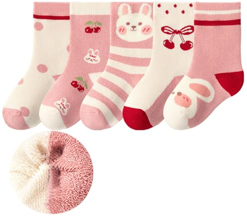 Himcus 5 Pairs Kids Girl Thermal Calf Cotton Cute Animals Socks Baby Toddler Winter Warm Novelty Socks(Cherry Rabbit,1-3 Years,S)