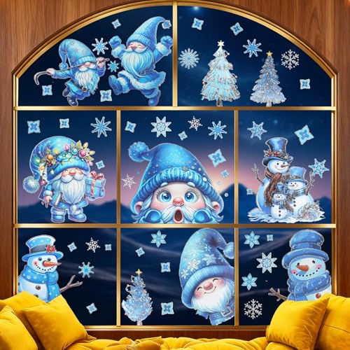 Fensterbilder Weihnachten Kinder, Fenstersticker Selbstklebend Blau Fensteraufkleber Fensterdeko Weihnachtsdeko, Wiederverwendbar PVC Groß Fensterbild Winter Weihnachts Fenster Tür Schneeflocken Deko