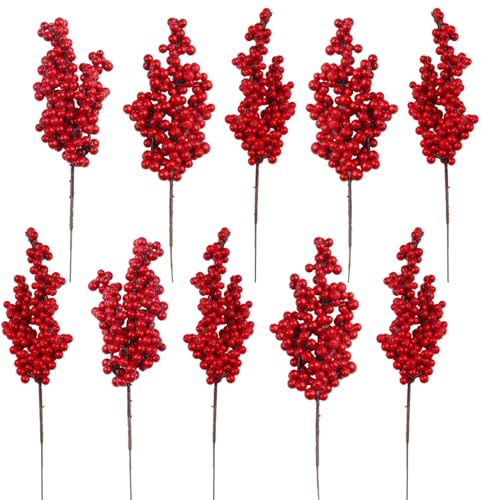 CYIOU 20 Piezas Bayas Rojas de Navidad 21cm Acebo Artificial Decoración Artificiales Bayas Rojos para Árboles de Navidad Corona Flores Guirnalda Artesanal Hazlo Tú Mismo