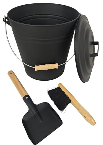 Relaxdays Cubo para Cenizas con Tapa, 15 L, Incluye Cepillo y Pala, con asa, Negro y Natural 30x30x23 cm