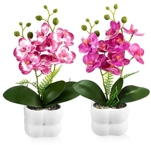 2 Stk Orchideen künstlich Kunstblumen & -Pflanzen - 27cm Künstliche Blumen | Phalaenopsis im Topf Kunstblumen wie echt künstliche Blumen Kunstpflanze für Tisch, Wohnzimmer, Büro Dekoration Rot Rosa