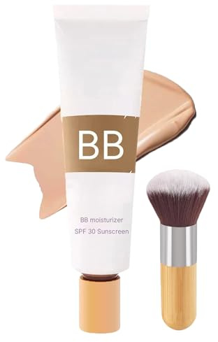 BB Blur Tinted Moisturizer, SPF 30 BB Cream Tinted Moisturiser for Mature Skin, Even Skin Tone Foundation with Make up Brush, Hydrates & Smooths Skin, Full Coverage, Natural Makeup (Wheat Color)