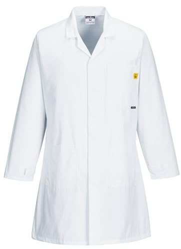 Portwest AS10 Arbetsjacka Antistatisk Tryckknappar Fram Andningsbar Hållbar | Vit, M, EN 61340-5-1, EN 1149-5, UPF 50+, Normal Passform, Lång Ärm, Unisex, Polyester, Lättvikt, ESD, Bröstficka, Skaltyg