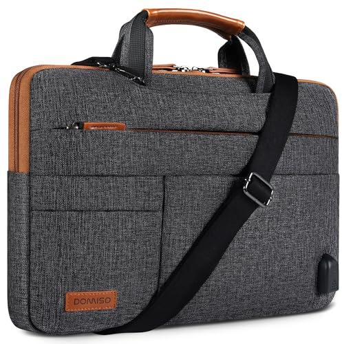 DOMISO 15-15,6 Pouces Imperméable Housse de Protection Ordinateur Portable avec Port de Chargeur USB Externe Sacoche Bandoulière pour Ultrabook/Netbook/Lenovo/Acer/ASUS/Dell/HP, Gris Foncé