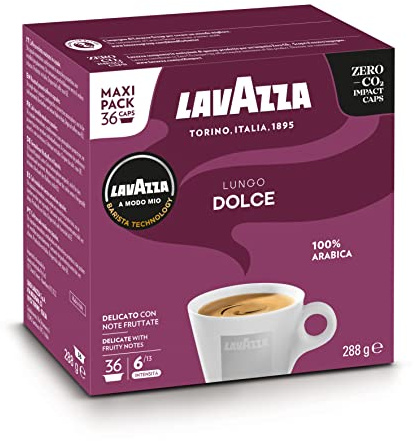Lavazza A Modo Mio Lungo Dolce, 36 Coffee Capsules, with Aromatic Notes of Dried Fruits, for a Sweet Espresso, 100% Arabica, Intensity 6/13, Medium Roasting, 1 Pack of 36 Coffee Pods | Intensity 6/13, with Fruity Notes, 100% Arabica, Medium Roasting, Ideal for a 40 ml Espresso