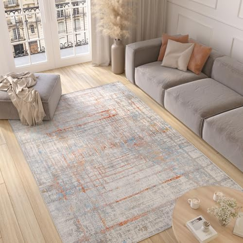 TAPISO Valley Tapis Poil Court Moderne Vintage Saumon Bleu Gris Moucheté Motif Abstrait Tapis Salon Chambre Adulte Salle à Manger Bureau Oeko-TEX Résistant 200 x 300 cm