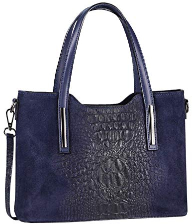 OBC Made IN Italy Damen Echt Leder Tasche Kroko-Prägung Business Shopper Schultertasche Handtasche Ledertasche Umhängetasche Wildleder Dunkelblau