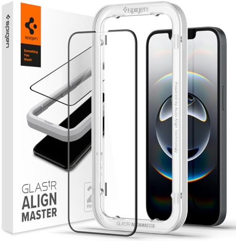 Spigen AlignMaster Full Coverage Tempered Glass Screen Protector for iPhone 16e, iPhone 14, iPhone 13, iPhone 13 Pro - 2 Pack