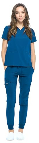 Dagacci Medical Uniform® Jogger Scrubs for Women Set – V-Neck Scrub Top & Elastic Jogger Scrub Pants for Women 8 Pockets Caribbean S