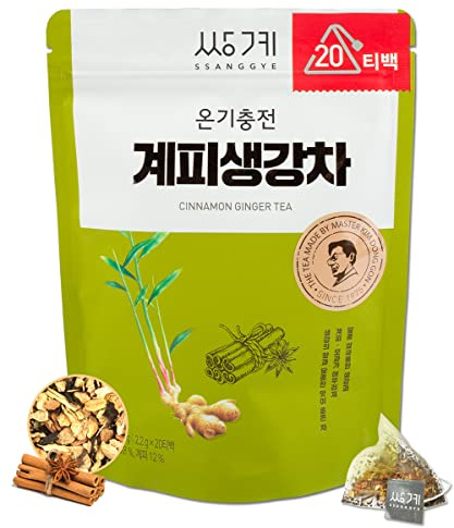 Ssanggye Cinnamon Ginger Tea 15.g x 20 Pyramid Teabags, Cinnamon Ginger/Jerusalem Artichoke/Bellflower Root & Big Blue Lilyturf/Sword Bean Daily Drink Made in Korea