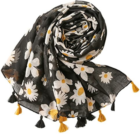 FAIRYGATE Schal Schwarz Damen Tuch mit Sonnenblumenmuster Frühling Sommer Herbst Winter Halstuch Schals & Tücher für Frauen Langer Geschenk Stola 69012