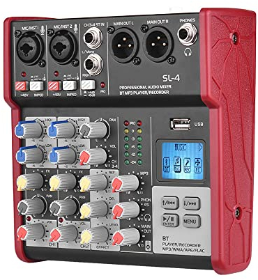 Btuty Console de mixage 4 canaux EQ à 2 bandes, alimentation fantôme intégrée 48V. Prend en charge la connexion BT, lecteur MP3, USB pour enregistrer DJ Network Live Broadcast Karaoke