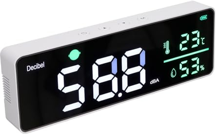 SEAFRONT Dezibel Messgerät, 30~130dB 3 in 1 Schallpegelmesser Thermometer Hygrometer Aufhängen an der Wand, 11 Großer LED Bildschirm Lärm db Messgerät mit Automatischem Alarmsymbol