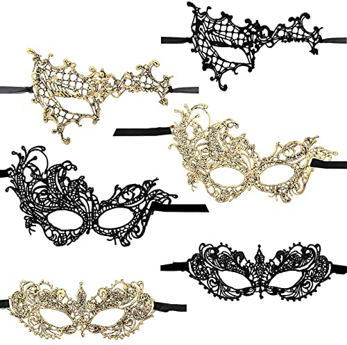 Lusofie 6 Stück Maskenball Maske, Halloween Spitzenmaske Damen Maske Kostüm | Karneval Maskenball Maske, Spitzenmaske Schwarz Gold Maskerade Maske, Spitze Augenmaske Prom Halloween Kostüm Party