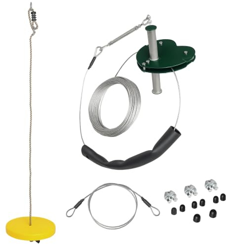 Outsunny Seilrutsche-Set, verstellbares Seil, Stahlkabel, Gelb | Seilrutsche für Kinder 6-10 Jahre, rutschfester Griff, max. Belastung 80 kg