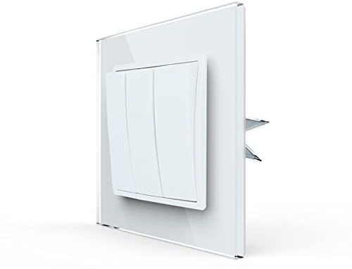 LINA H1-D310M - Interruptor de luz con marco de cristal, juego completo para caja empotrada, interruptor de pared Schuko, interruptor de luz de 3 vías, encendido/apagado, color blanco