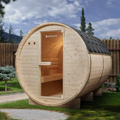 Luxus Outdoor Holz Fasssauna Saunafass Größe XL 220x191 cm mit 8 KW Saunaofen für 6 Personen KOMPLETT Set mit Sauna Ofen Zubehör LED massiv Fichte