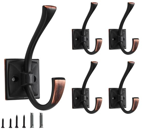 CABDM 5 Pack Decorative Heavy Duty Towel Hooks for Hanging Robe Double Oil Rubbed Bronze Coat Hooks Wall Mounted with Screws for Key, Towel, Bags, Cup, Hat