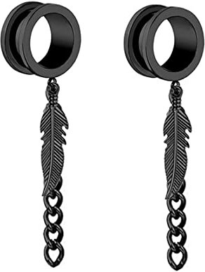 Lieson Plug Flesh Tunnel, 2 Stück Edelstahl Tunnel Set Hohl Rund mit Lange Quaste und Feder Anhänger 20mm Flesh Tunnel Schwarz