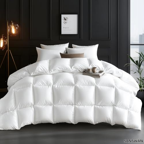 SANSWAN Luxury Goose Down Comforter Super King Size, All Season Fluffy Duvet Insert, 750 Fill Power, Soft Cotton Fabric, 85oz Medium Weight, Hotel Bedding Comforter with Corner Tabs, 120 x 120 Inch