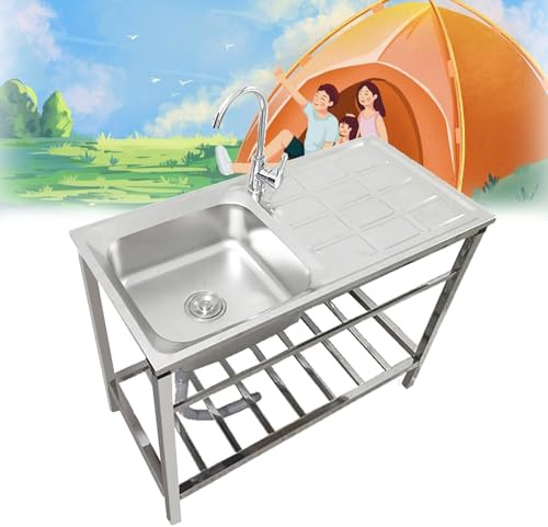 AMMOI 75x40x75cm Edelstahl Spültisch 1 Becken Küchenspüle Mit Wasserhahn Und Werkbank Gewerbliche Freistehende SpüLe Outdoor SpüleGarten Für Waschküche Garagen Badezimmer Hinterhof