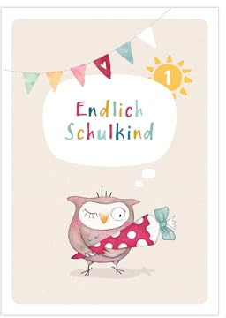 almira Design 10x Einladungskarten Einschulung EULE beiger Hintergrund, Einladungen Schulanfang