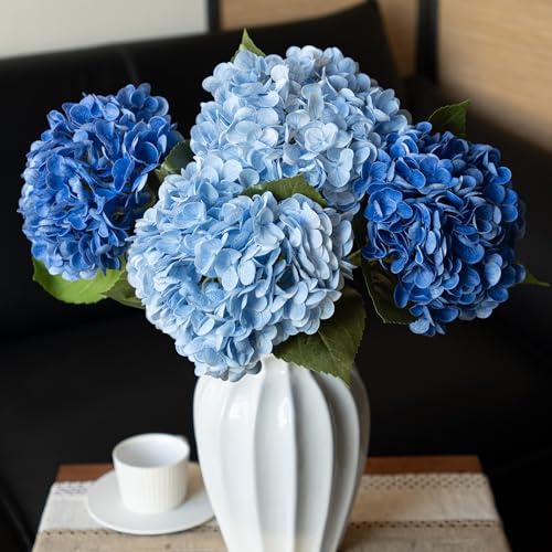 DUYONE 4 hortensias artificiales grandes realistas de 56 cm, 2 azules y 2 azules claras, para exteriores, boda, Navidad, oficina, fiesta familiar, sala de estar, decoración de mesa