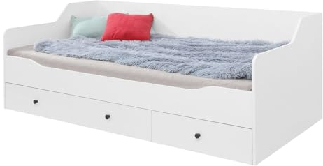 Lomadox Bett Einzelbett Jugendbett Kinderbett 90x200cm Liegefläche, 3 Bettschubladen weiß Glanz Knopfgriffe 94x75x204 cm