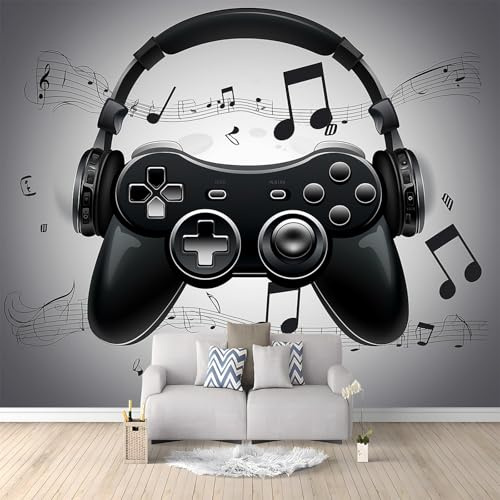 Papier Peint Intissé Contrôleur De Jeu Casque Notes De Musique 350x256 cm 3D Mural Fond D'Écran Tapisserie Murales Panoramique 3D Mur De Fond Tv Papier Peint Chambre Enfant Adulte Poster Murales