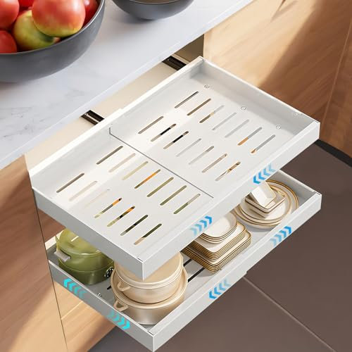 DOZNOZRI 2Pcs Teleskopschublade Ausziehbare Schublade Küche Kleben Teleskopschublade Pull Out Cabinet Organizer Sliding Schrank Schubladen Ausziehbar Küche mit Klebefolie 32-52 cmB x 42 cmT x 7.5 cmH