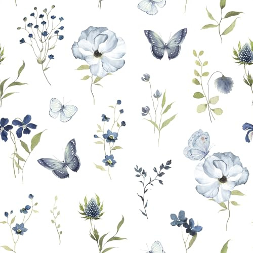 VEELIKE Tapete Blau Blumen Aquarell Schmetterling Blumentapete Vintage Fototapete Blumen Tapete Blätter Möbelfolie Muster Tapeten Selbstklebende für Wand Schlafzimmer Wohnzimmer 44.5cm x 300cm