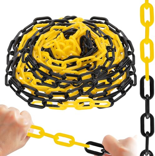 PRITOK Cadena de barrera de plástico amarillo y negro: 15 m 6 mm, cadena de cierre de plástico, cadena de seguridad de advertencia, aparcamiento, control de masas, colas, tráfico