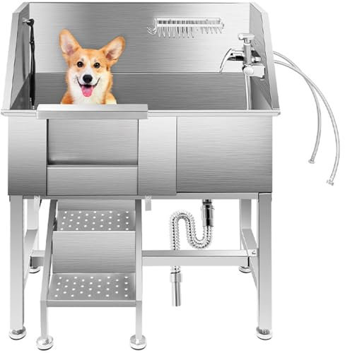 HdGLfdKfb Dog Washing Station with Stairs, Stainless Steel Dog Grooming Bathtub Station, Professional Dog Grooming Bath Tub for Large, Medium & Small Pets