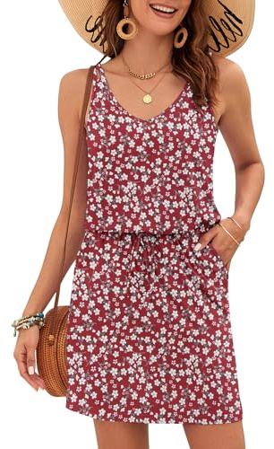 AUSELILY Women's Summer Spaghetti Strap Mini Dress Drawstring Waist Pockets | Sleeveless Strap,V-Neck,Elastic Drawstring Waist,Breathable Soft Fabric,Great For Beach Vacation or Daily Wear Sundress