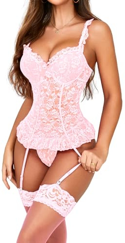 EVELIFE Set di lingerie sexy da donna in pizzo, body con calze, teddy con lacci, babydoll, set di biancheria intima da donna con reggicalze, rosa, S