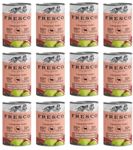 Fresco Complete-Menü Rind mit Süßkartoffeln, Birne & Chiasamen | 12er Pack | 12 x 400 g | Nassbarf für Hunde | Wichtige Proteine & Eiweiß | Aus reinem Muskelfleisch