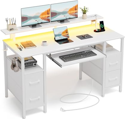 Seventable Bureau Gaming 120 cm avec Intégrée, LED RGB, Bureau avec Rangement et 4 Tiroirs en Tissu, Plateau Clavier Ergonomique et Support Écran, Blanc