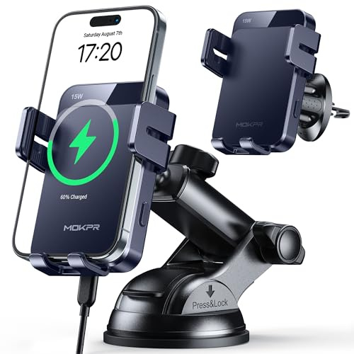 MOKPR Car Phone Holder Wireless Charger, 15W Wireless Car Charger 【Automatic Clamping】 for Air Vent/Dash/Windshield Compatible with iPhone 17/16/15/14/13/12&Samsung S26/S25/S24/S23/S22 (Navy Blue)