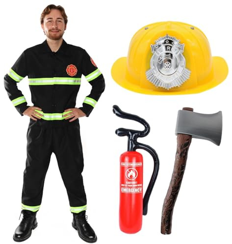 Brandman kostym för vuxna – uppblåsbar brandsläckare 70 cm, hjälm, 40 cm yxa och brandman uniform med reflekterande detalj för fin klänning, rolig svensexa, halloween och rollspel