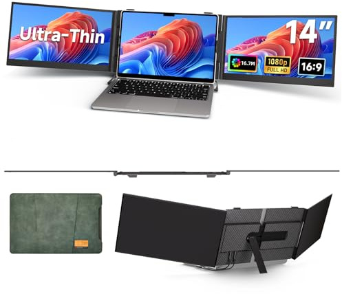 hualink Laptop Screen Extender Monitor - 14 Inch Portable Triple Thin Monitors IPS FHD 1080P HDMI/USB-A/Type-C for 13-17 Laptops Compatible with Windows Mac Travel Work